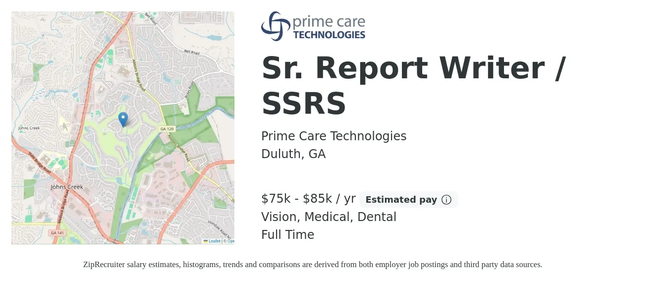 Prime Care Technologies job posting for a Sr. Report Writer / SSRS in Duluth, GA with a salary of $75,000 to $85,000 Yearly and benefits including retirement, vision, dental, life_insurance, and medical with a map of Duluth location.