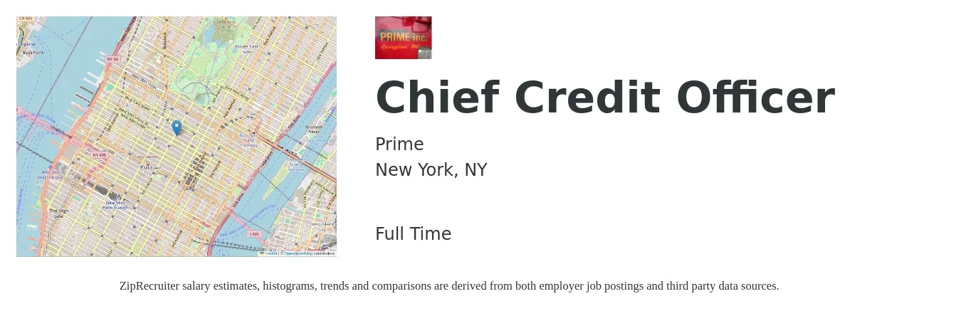 Prime job posting for a Chief Credit Officer in New York, NY with a salary of $164,100 to $229,700 Yearly with a map of New York location.