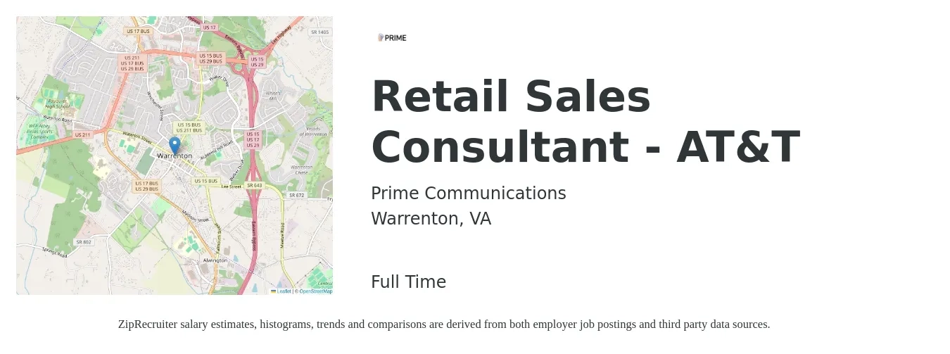 Prime Communications job posting for a Retail Sales Consultant - AT&T in Warrenton, VA with a salary of $25,000 Monthly with a map of Warrenton location.