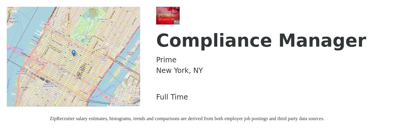 Prime job posting for a Compliance Manager in New York, NY with a salary of $76,600 to $127,500 Yearly with a map of New York location.