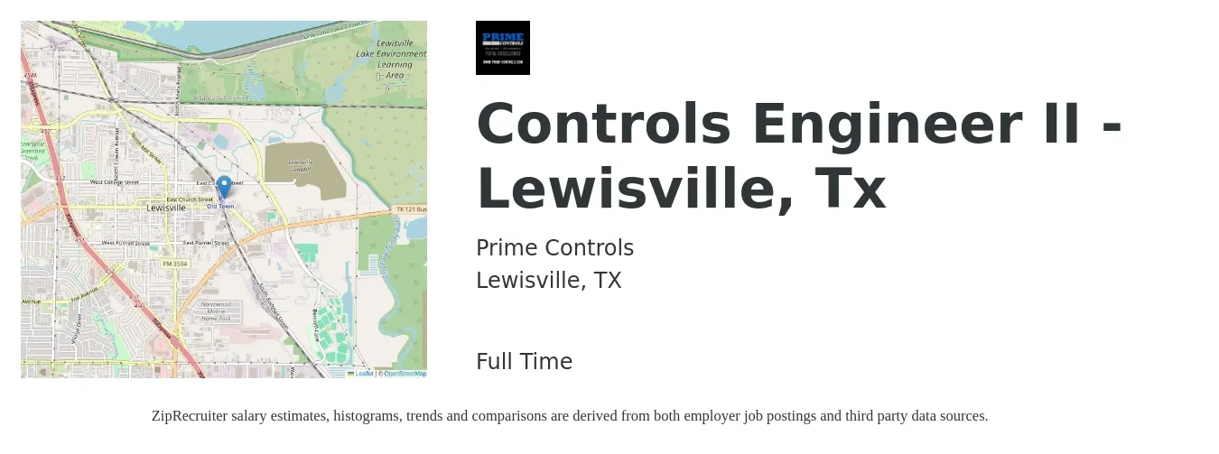 Prime Controls job posting for a Controls Engineer II - Lewisville, Tx in Lewisville, TX with a salary of $78,000 to $100,900 Yearly with a map of Lewisville location.