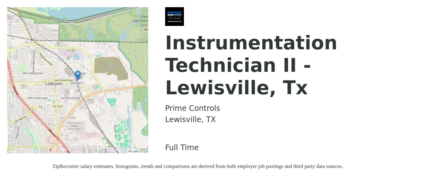 Prime Controls job posting for a Instrumentation Technician II - Lewisville, Tx in Lewisville, TX with a salary of $28 to $40 Hourly with a map of Lewisville location.