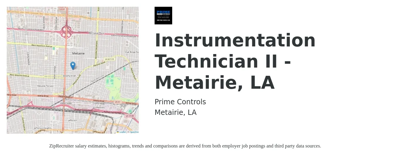 Prime Controls job posting for a Instrumentation Technician II - Metairie, LA in Metairie, LA with a salary of $28 to $39 Hourly with a map of Metairie location.