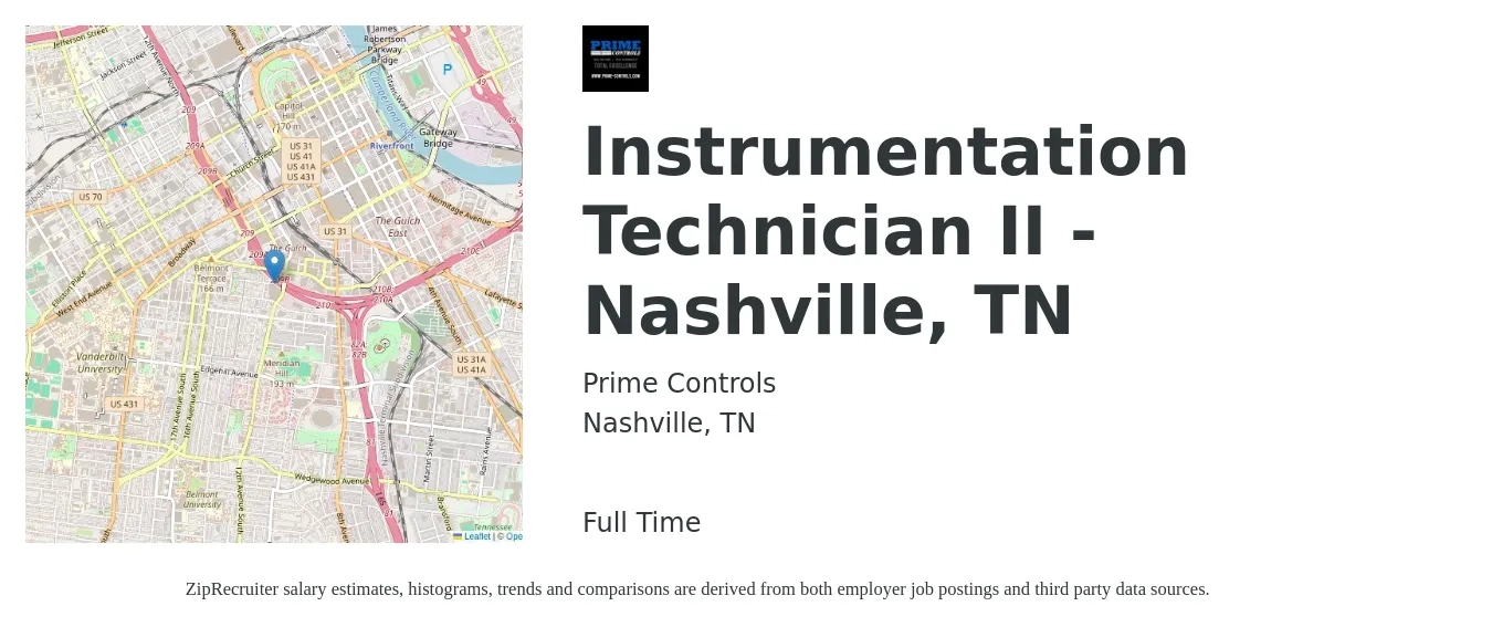 Prime Controls job posting for a Instrumentation Technician II - Nashville, TN in Nashville, TN with a salary of $29 to $41 Hourly with a map of Nashville location.