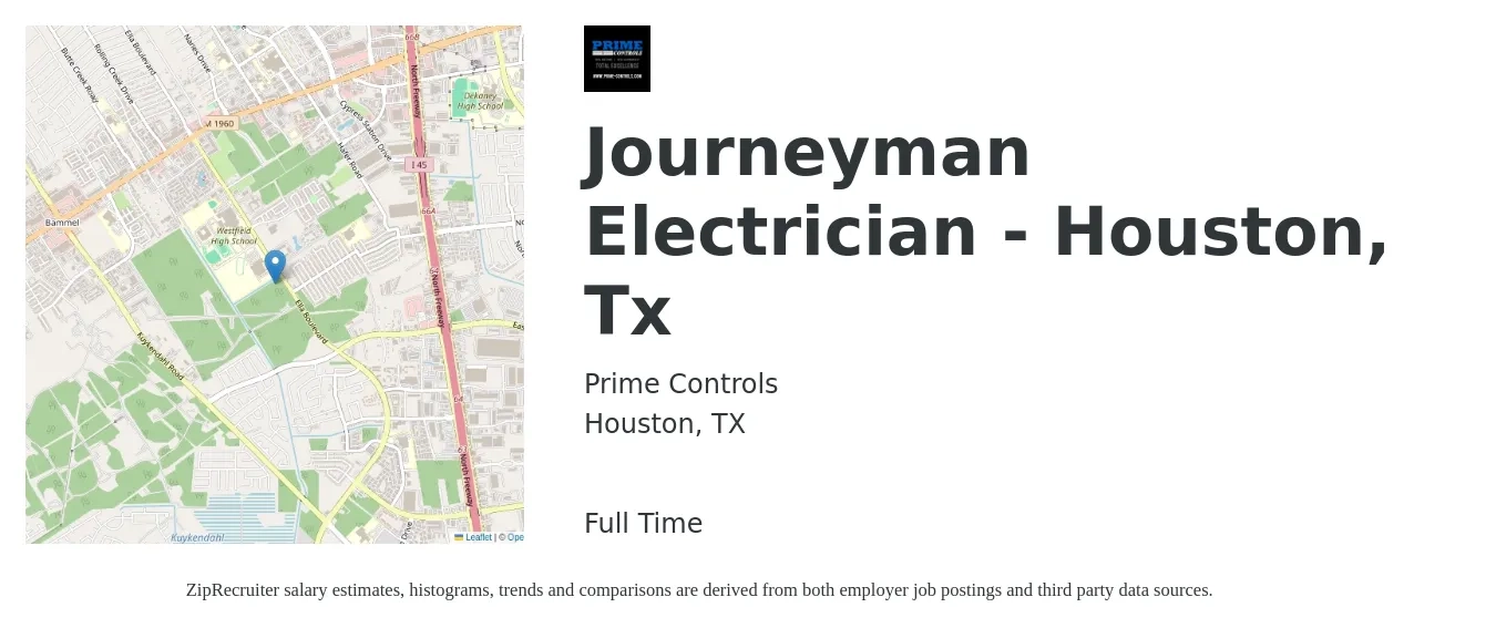 Prime Controls job posting for a Journeyman Electrician - Houston, Tx in Houston, TX with a salary of $26 to $36 Hourly with a map of Houston location.