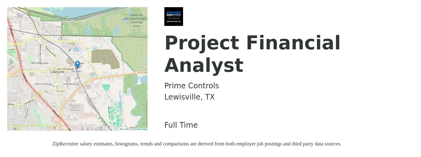 Prime Controls job posting for a Project Financial Analyst in Lewisville, TX with a salary of $65,400 to $103,200 Yearly with a map of Lewisville location.