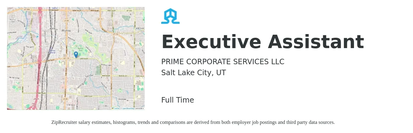 PRIME CORPORATE SERVICES LLC job posting for a Executive Assistant in Salt Lake City, UT with a salary of $47,000 to $70,400 Yearly with a map of Salt Lake City location.