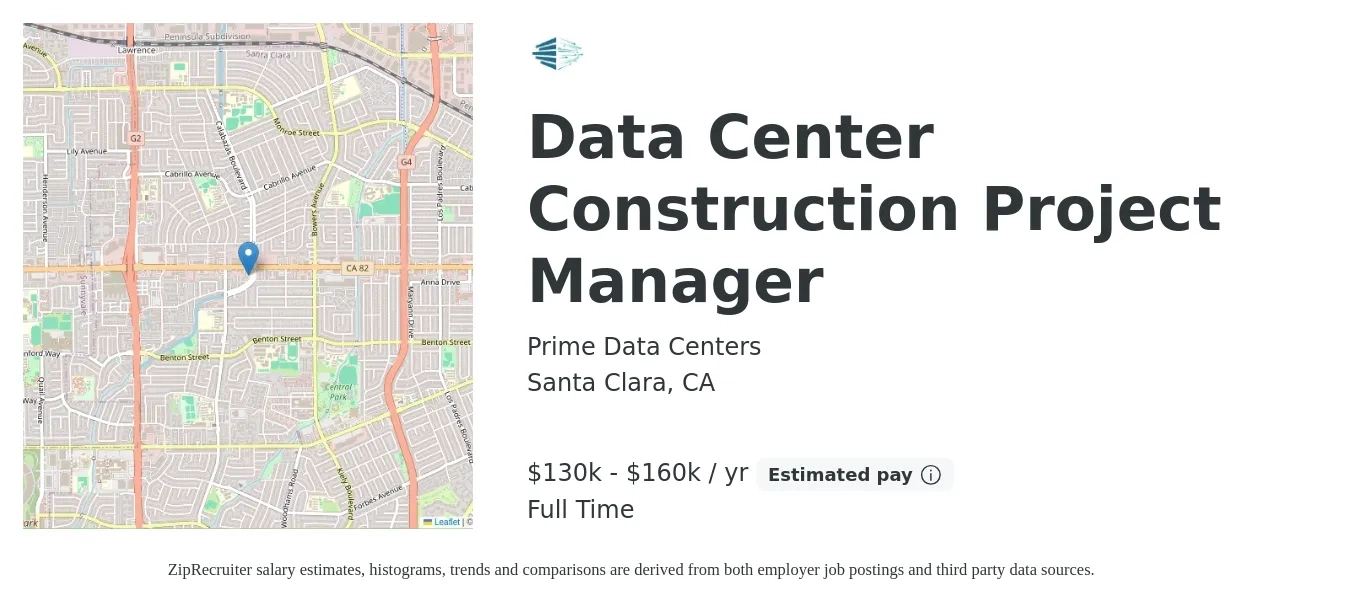 Prime Data Centers job posting for a Data Center Construction Project Manager in Santa Clara, CA with a salary of $130,000 to $160,000 Yearly with a map of Santa Clara location.
