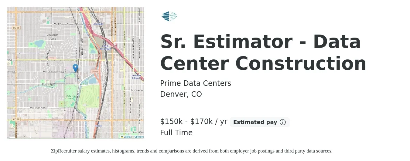 Prime Data Centers job posting for a Sr. Estimator - Data Center Construction in Denver, CO with a salary of $150,000 to $170,000 Yearly with a map of Denver location.