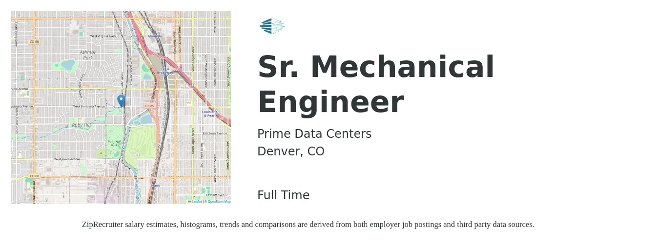 Prime Data Centers job posting for a Sr. Mechanical Engineer in Denver, CO with a salary of $120,000 to $180,000 Yearly with a map of Denver location.