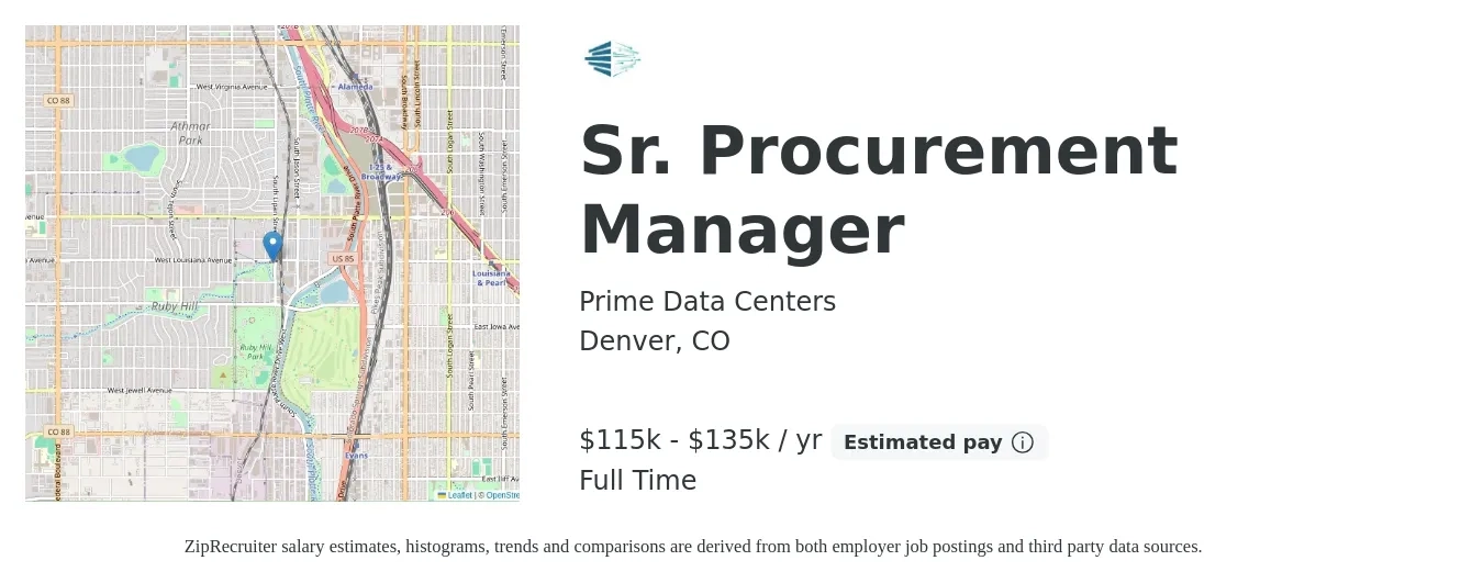 Prime Data Centers job posting for a Sr. Procurement Manager in Denver, CO with a salary of $115,000 to $135,000 Yearly with a map of Denver location.