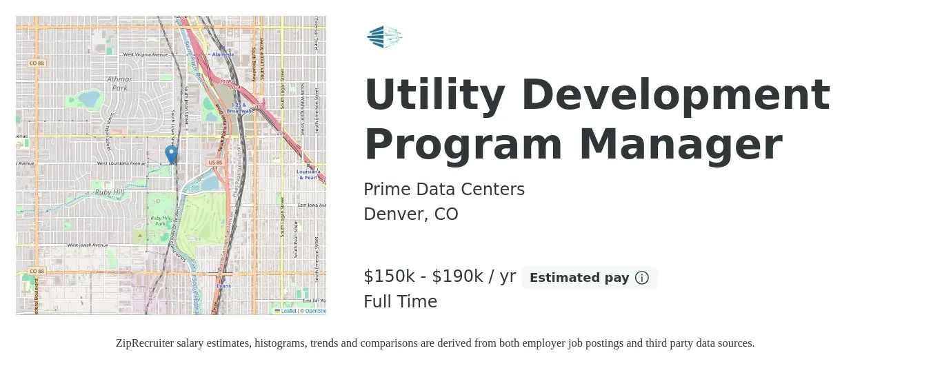 Prime Data Centers job posting for a Utility Development Program Manager in Denver, CO with a salary of $150,000 to $190,000 Yearly with a map of Denver location.