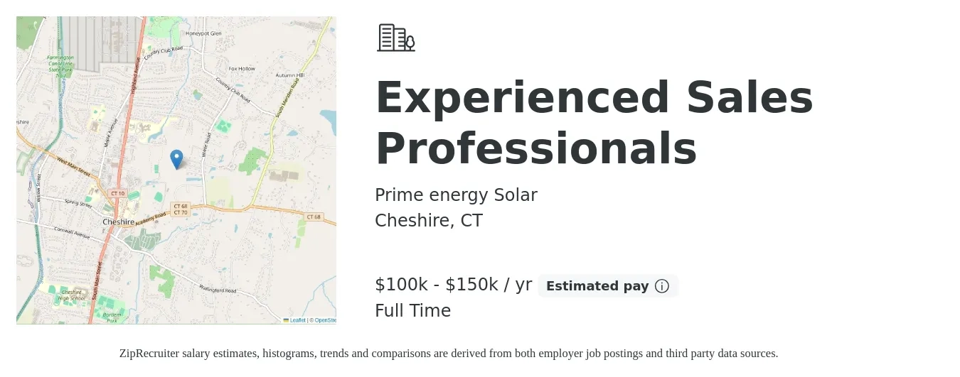 Prime energy Solar job posting for a Experienced Sales Professionals in Cheshire, CT with a salary of $100,000 to $150,000 Yearly with a map of Cheshire location.