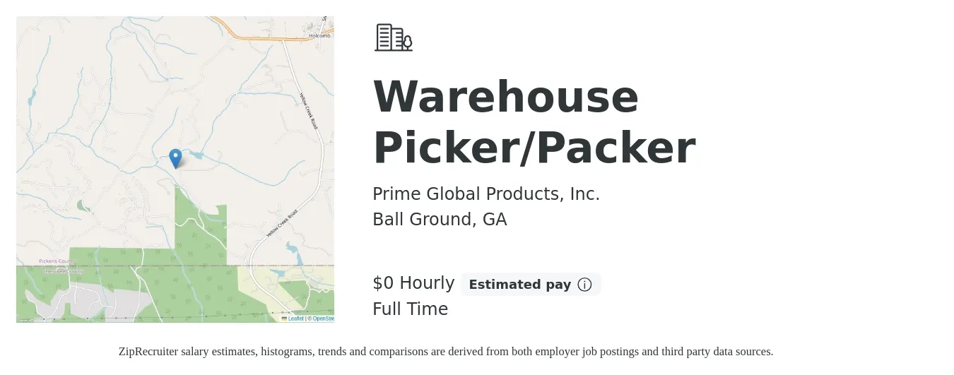 Prime Global Products, Inc. job posting for a Warehouse Picker/Packer in Ball Ground, GA with a salary of $15 Hourly with a map of Ball Ground location.