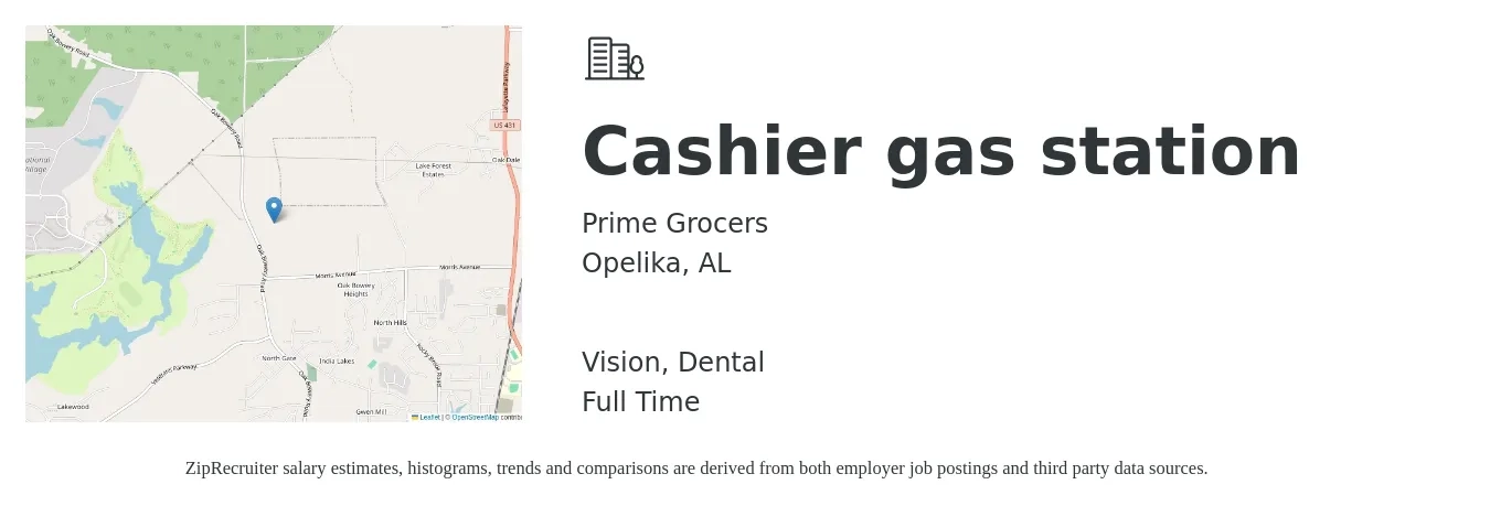 Prime Grocers job posting for a Cashier gas station in Opelika, AL with a salary of $11 to $15 Hourly and benefits including vision, and dental with a map of Opelika location.