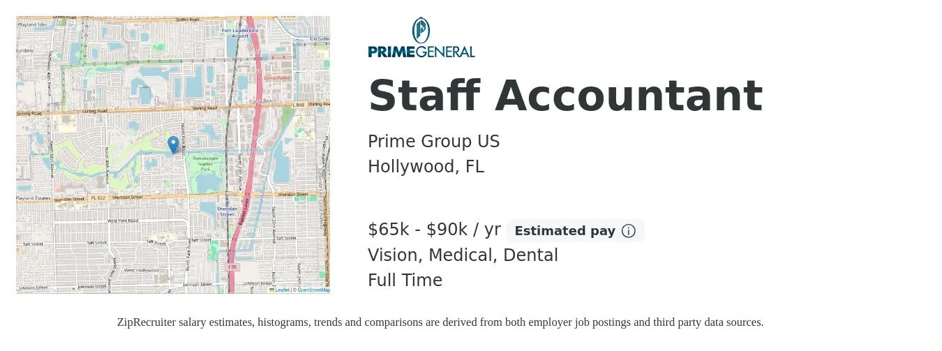 Prime Group US job posting for a Staff Accountant in Hollywood, FL with a salary of $65,000 to $90,000 Yearly and benefits including life_insurance, medical, retirement, vision, and dental with a map of Hollywood location.