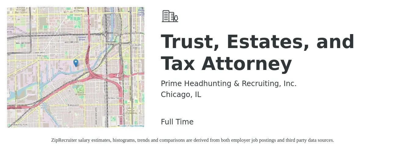 Prime Headhunting & Recruiting, Inc. job posting for a Trust, Estates, and Tax Attorney in Chicago, IL with a salary of $85,500 to $141,100 Yearly with a map of Chicago location.