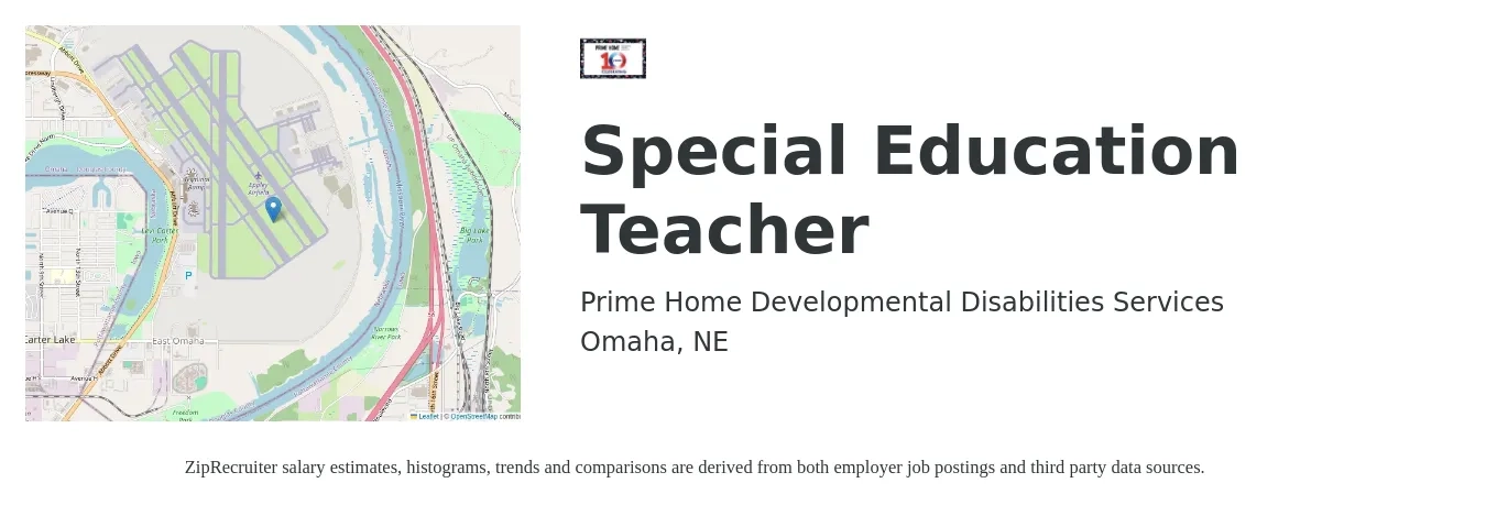 Prime Home Developmental Disabilities Services job posting for a Special Education Teacher in Omaha, NE with a salary of $58,000 to $66,000 Yearly with a map of Omaha location.