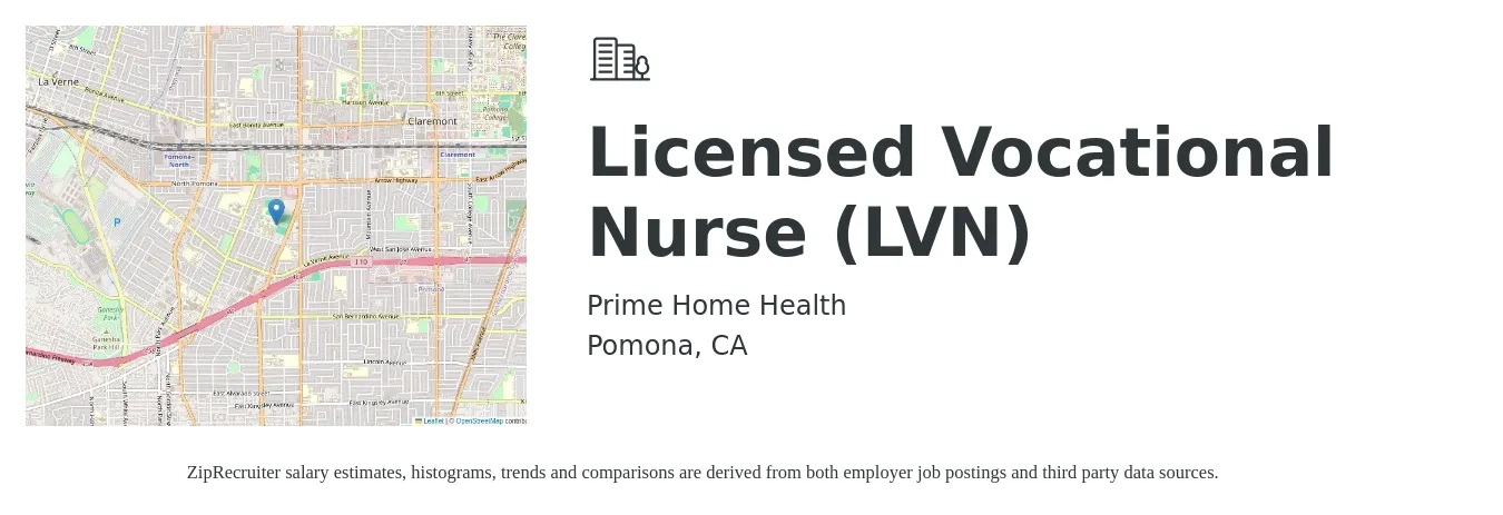 Prime Home Health job posting for a Licensed Vocational Nurse (LVN) in Pomona, CA with a salary of $28 to $37 Hourly with a map of Pomona location.