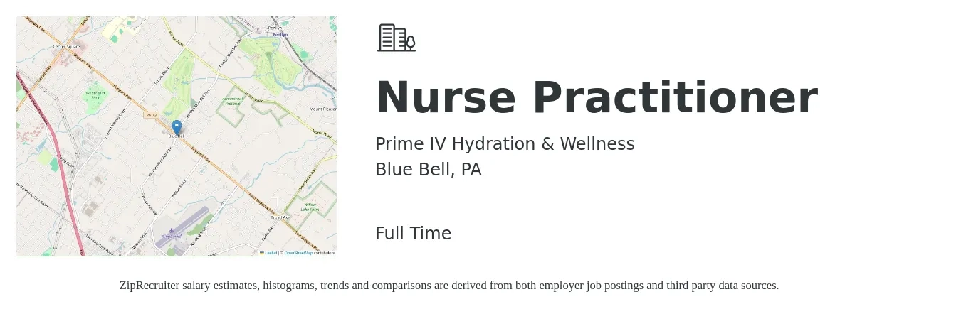 Prime IV Hydration & Wellness job posting for a Nurse Practitioner in Blue Bell, PA with a salary of $103,200 to $143,300 Yearly with a map of Blue Bell location.