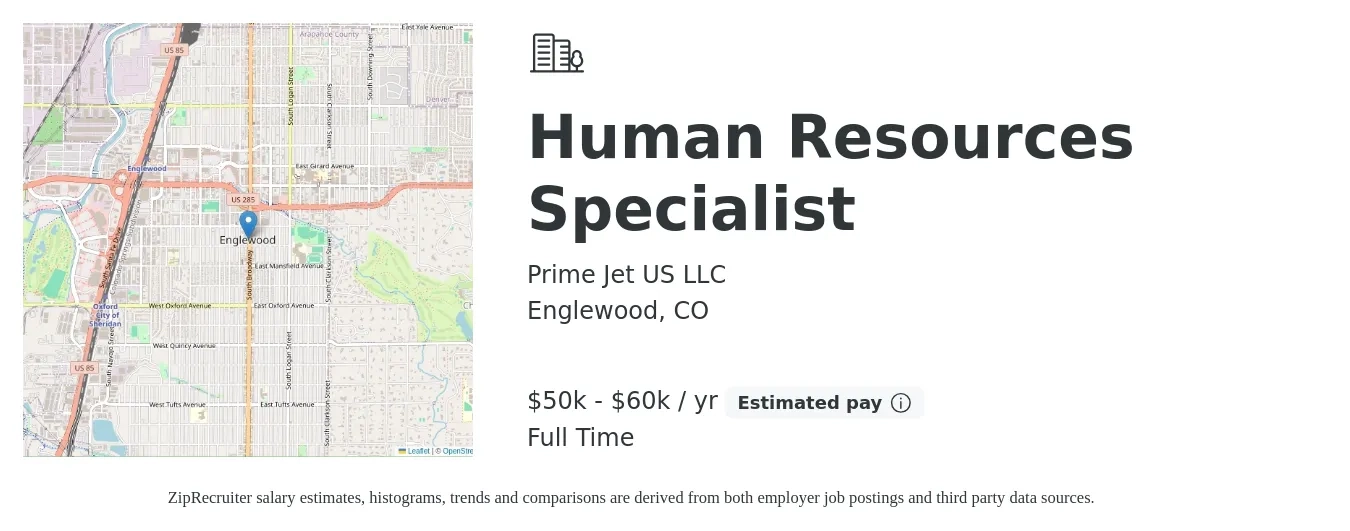 Prime Jet US LLC job posting for a Human Resources Specialist in Englewood, CO with a salary of $50,000 to $60,000 Yearly with a map of Englewood location.