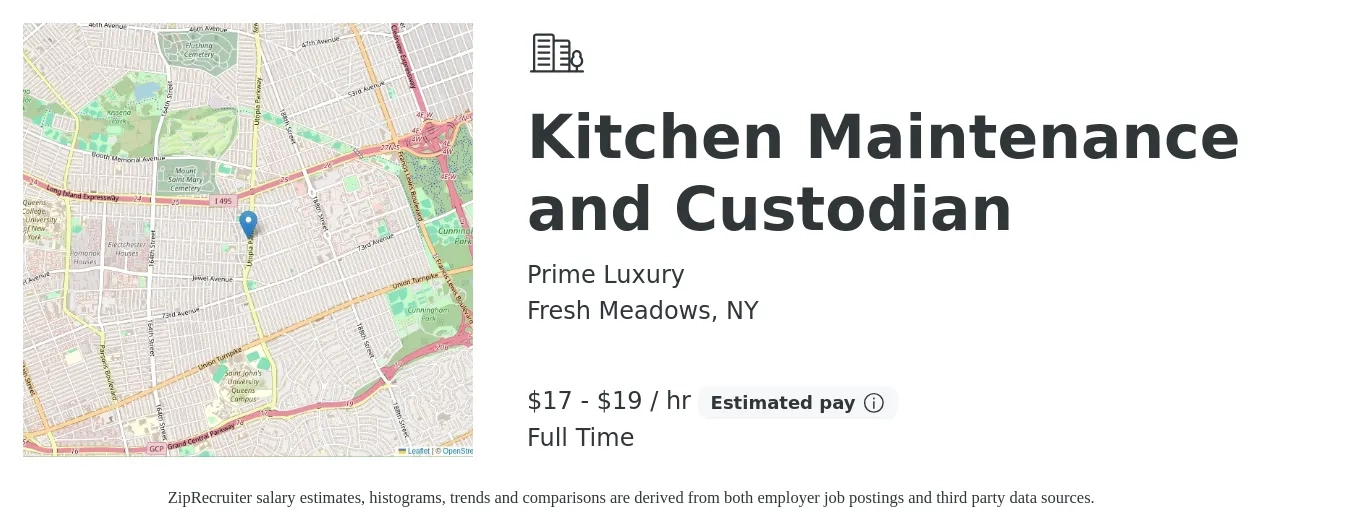 Prime Luxury job posting for a Kitchen Maintenance and Custodian in Fresh Meadows, NY with a salary of $18 to $20 Hourly with a map of Fresh Meadows location.