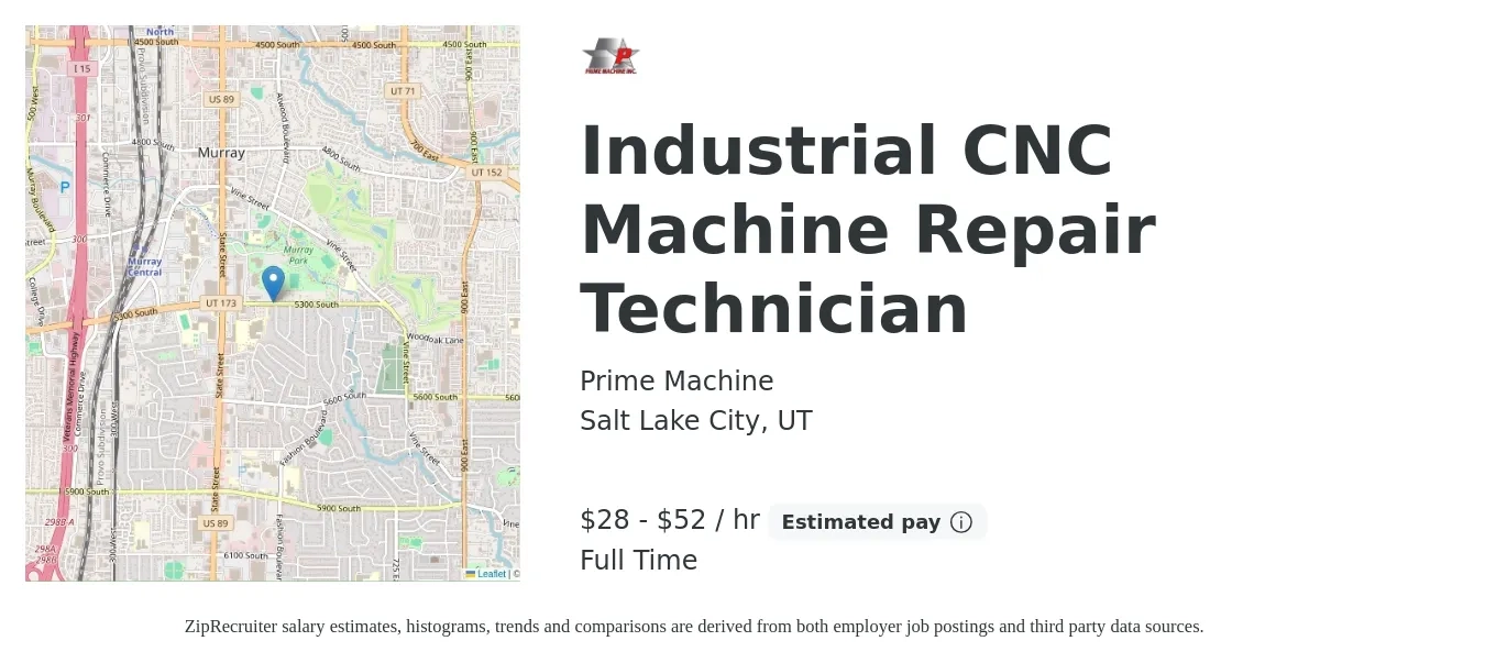 Prime Machine job posting for a Industrial CNC Machine Repair Technician in Salt Lake City, UT with a salary of $30 to $55 Hourly with a map of Salt Lake City location.