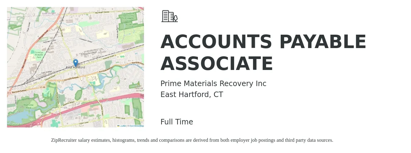 Prime Materials Recovery Inc job posting for a ACCOUNTS PAYABLE ASSOCIATE in East Hartford, CT with a salary of $20 to $25 Hourly with a map of East Hartford location.