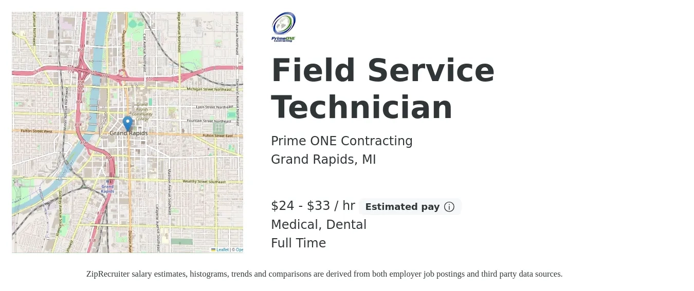 Prime ONE Contracting job posting for a Field Service Technician in Grand Rapids, MI with a salary of $25 to $35 Hourly and benefits including medical, retirement, and dental with a map of Grand Rapids location.