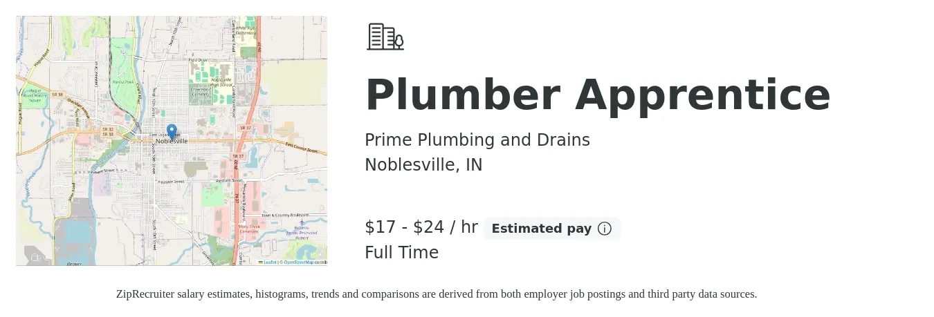 Prime Plumbing and Drains job posting for a Plumber Apprentice in Noblesville, IN with a salary of $18 to $25 Hourly with a map of Noblesville location.
