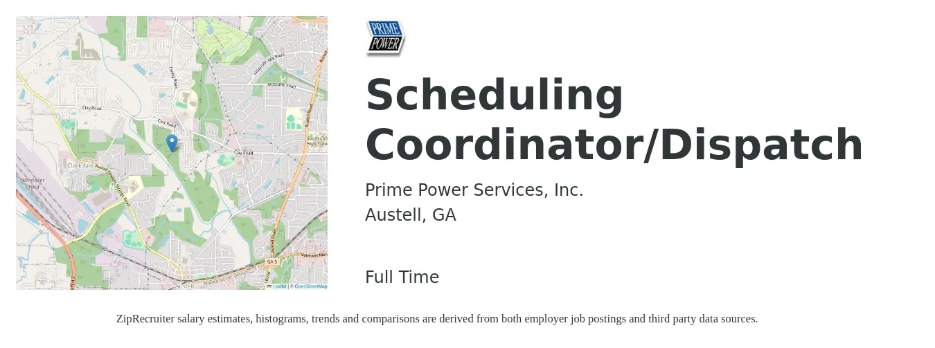 Prime Power Services, Inc. job posting for a Scheduling Coordinator/Dispatch in Austell, GA with a salary of $17 to $31 Hourly with a map of Austell location.