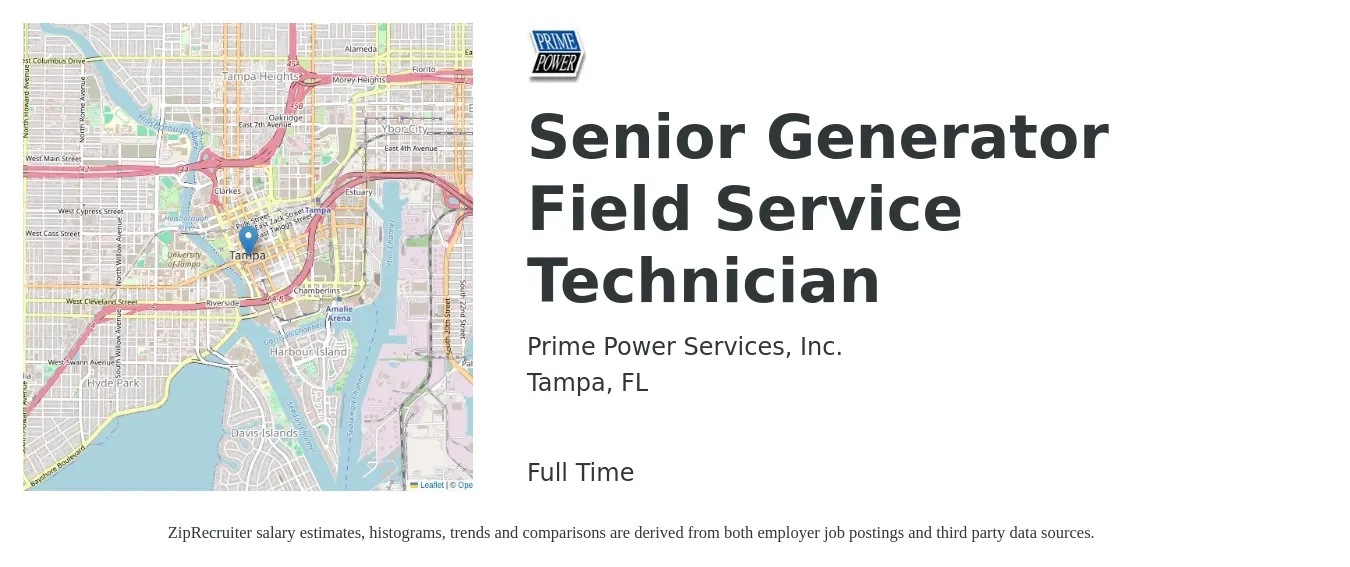 Prime Power Services, Inc. job posting for a Senior Generator Field Service Technician in Tampa, FL with a salary of $18 to $27 Hourly with a map of Tampa location.