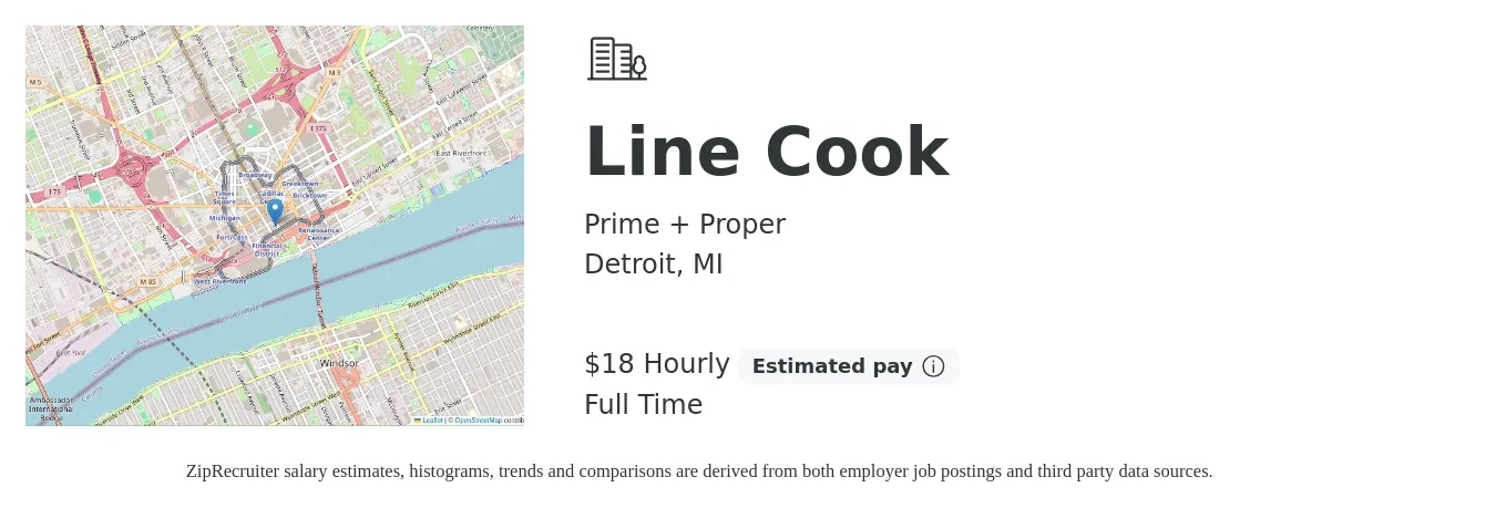 Prime + Proper job posting for a Line Cook in Detroit, MI with a salary of $19 Hourly with a map of Detroit location.
