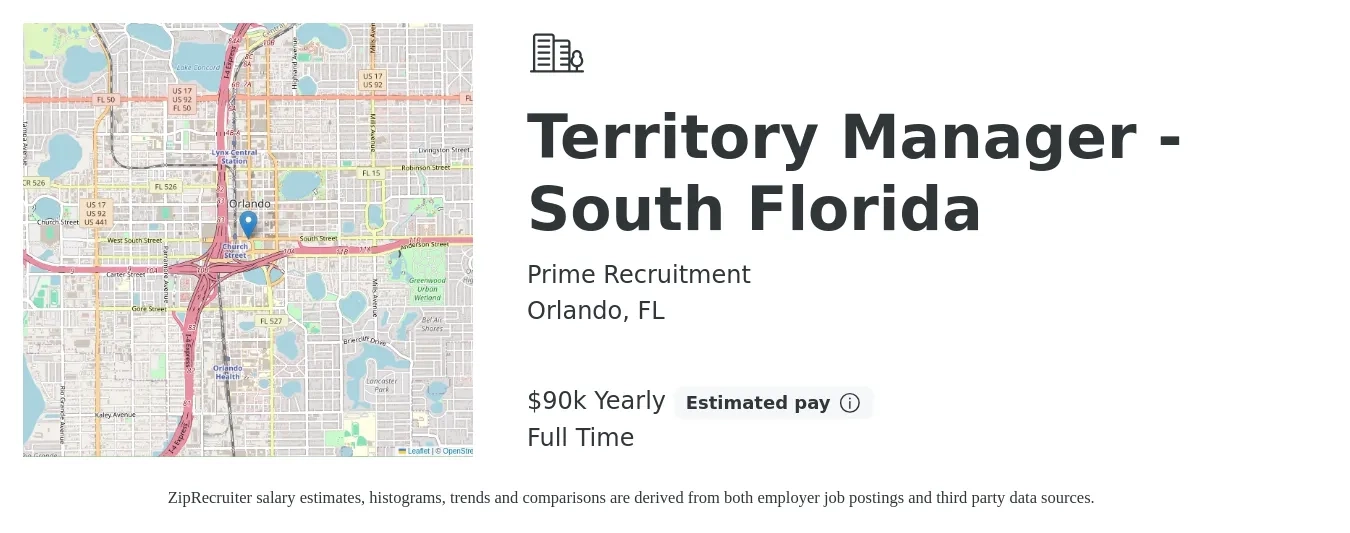 Prime Recruitment job posting for a Territory Manager - South Florida in Orlando, FL with a salary of $90,000 Yearly with a map of Orlando location.