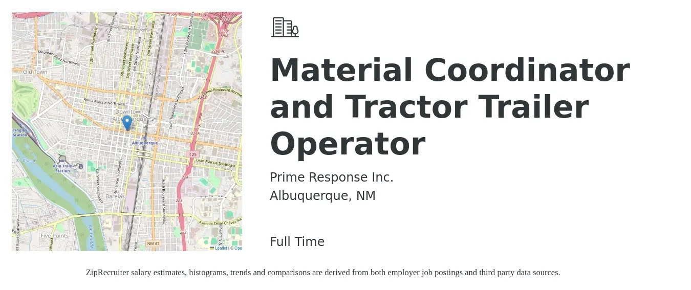 Prime Response Inc. job posting for a Material Coordinator and Tractor Trailer Operator in Albuquerque, NM with a salary of $18 to $25 Hourly with a map of Albuquerque location.