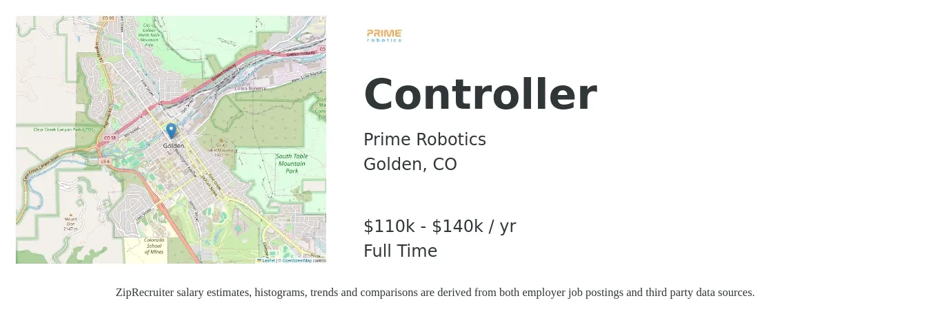 Prime Robotics job posting for a Controller in Golden, CO with a salary of $110,000 to $140,000 Yearly with a map of Golden location.
