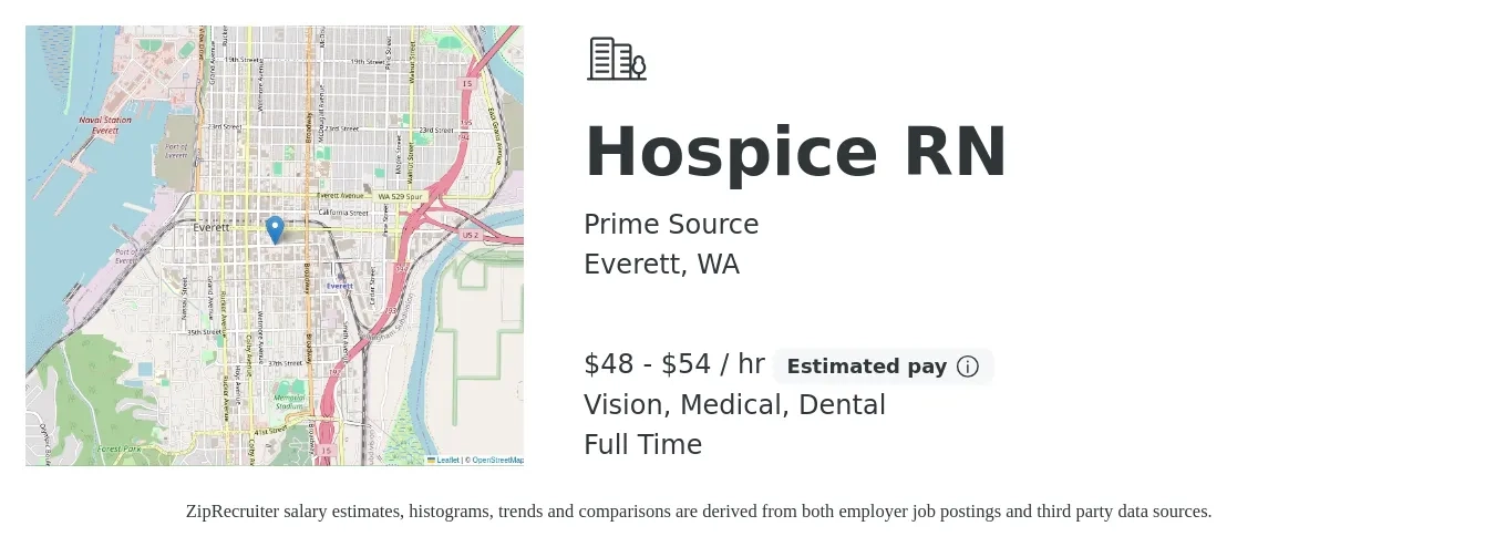 Prime Source job posting for a Hospice RN in Everett, WA with a salary of $50 to $57 Hourly and benefits including retirement, vision, dental, life_insurance, and medical with a map of Everett location.