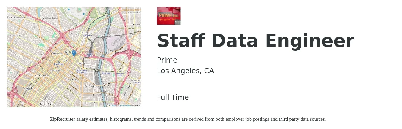 Prime job posting for a Staff Data Engineer in Los Angeles, CA with a salary of $74,300 to $134,700 Yearly with a map of Los Angeles location.