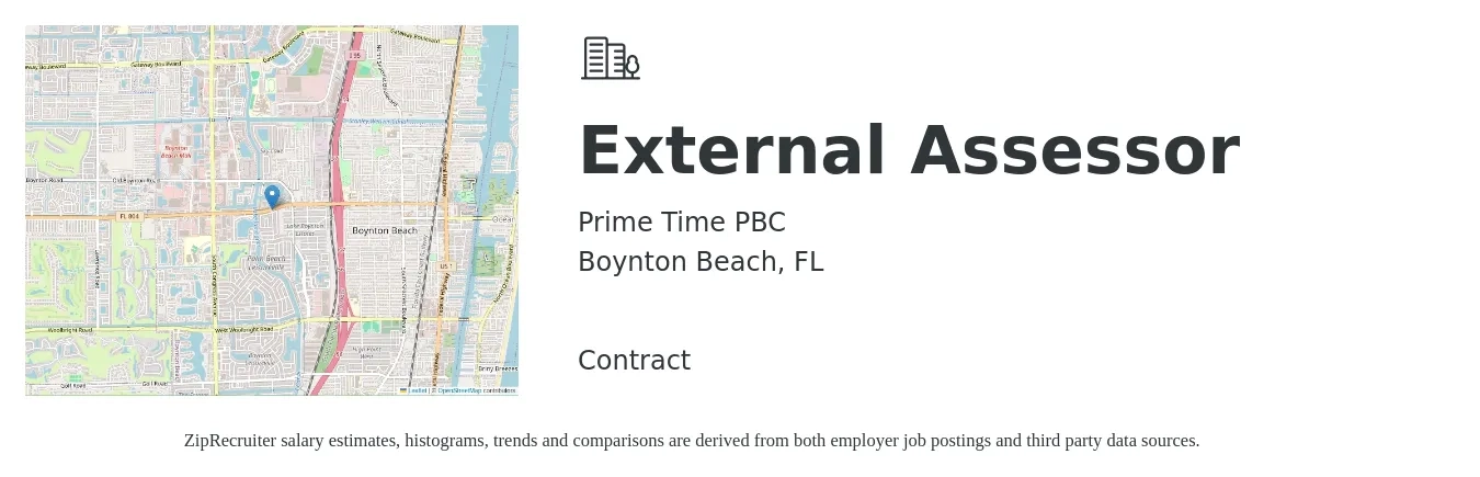 Prime Time PBC job posting for a External Assessor in Boynton Beach, FL with a salary of $19 to $32 Hourly with a map of Boynton Beach location.
