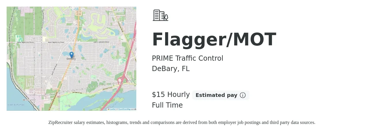 PRIME Traffic Control job posting for a Flagger/MOT in DeBary, FL with a salary of $16 Hourly with a map of DeBary location.