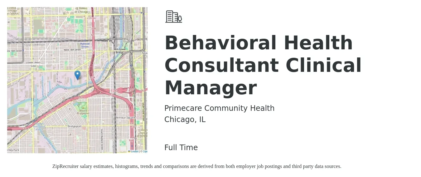 Primecare Community Health job posting for a Behavioral Health Consultant Clinical Manager in Chicago, IL with a salary of $60,500 to $84,100 Yearly with a map of Chicago location.