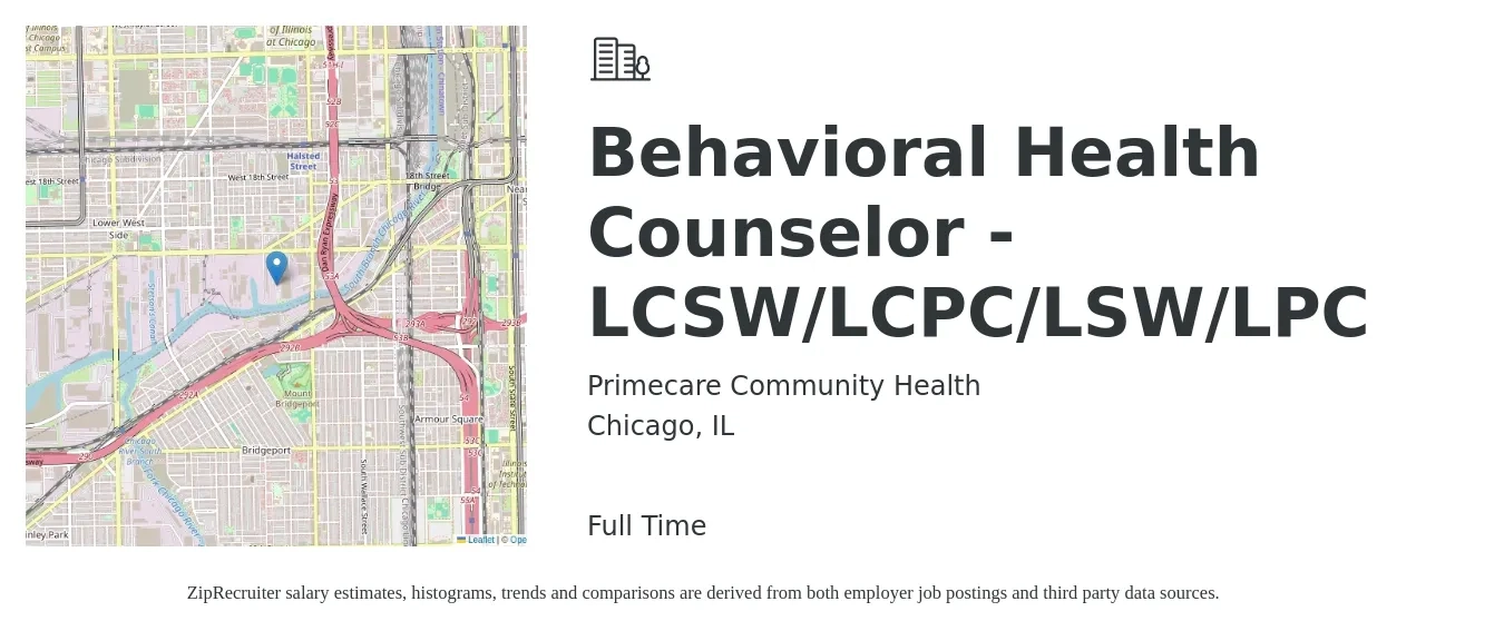 Primecare Community Health job posting for a Behavioral Health Counselor - LCSW/LCPC/LSW/LPC in Chicago, IL with a salary of $60,000 to $80,500 Yearly with a map of Chicago location.