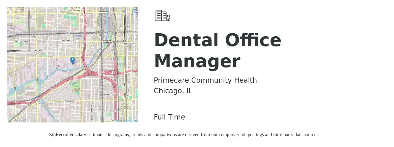 Primecare Community Health job posting for a Dental Office Manager in Chicago, IL with a salary of $26 to $34 Hourly with a map of Chicago location.