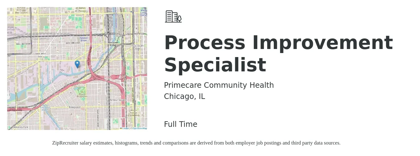 Primecare Community Health job posting for a Process Improvement Specialist in Chicago, IL with a salary of $74,200 to $106,200 Yearly with a map of Chicago location.