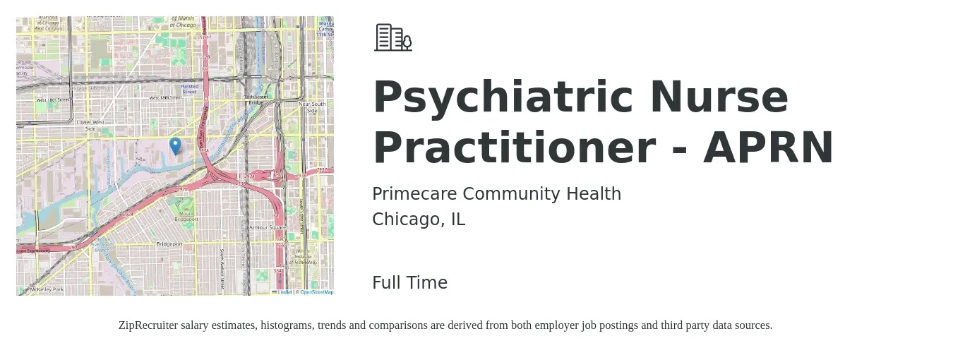 Primecare Community Health job posting for a Psychiatric Nurse Practitioner - APRN in Chicago, IL with a salary of $108,000 to $150,100 Yearly with a map of Chicago location.