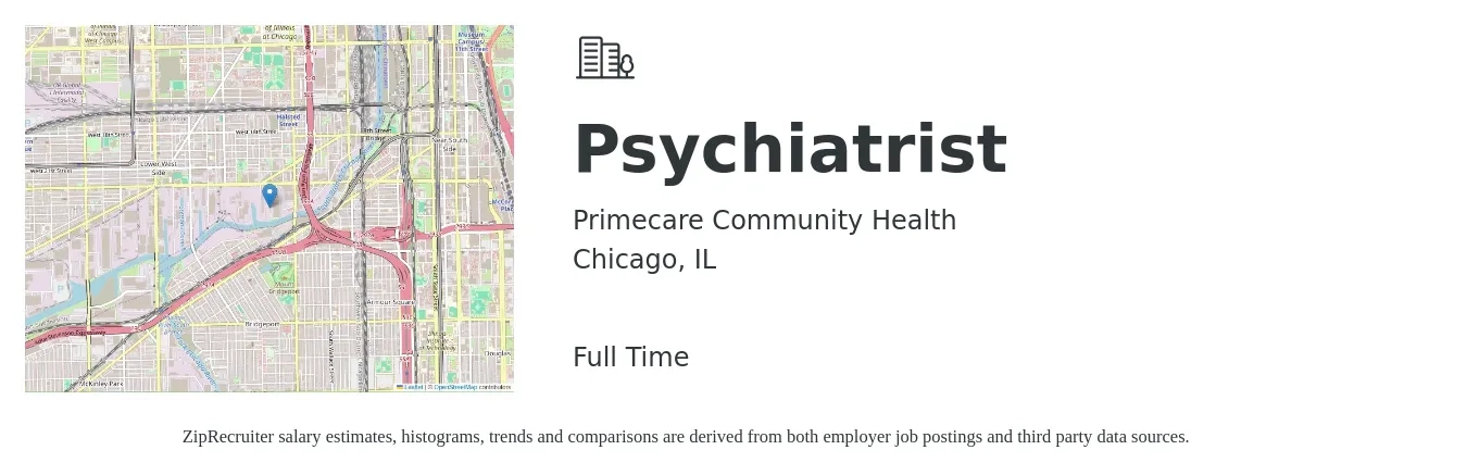 Primecare Community Health job posting for a Psychiatrist in Chicago, IL with a salary of $212,100 to $317,100 Yearly with a map of Chicago location.
