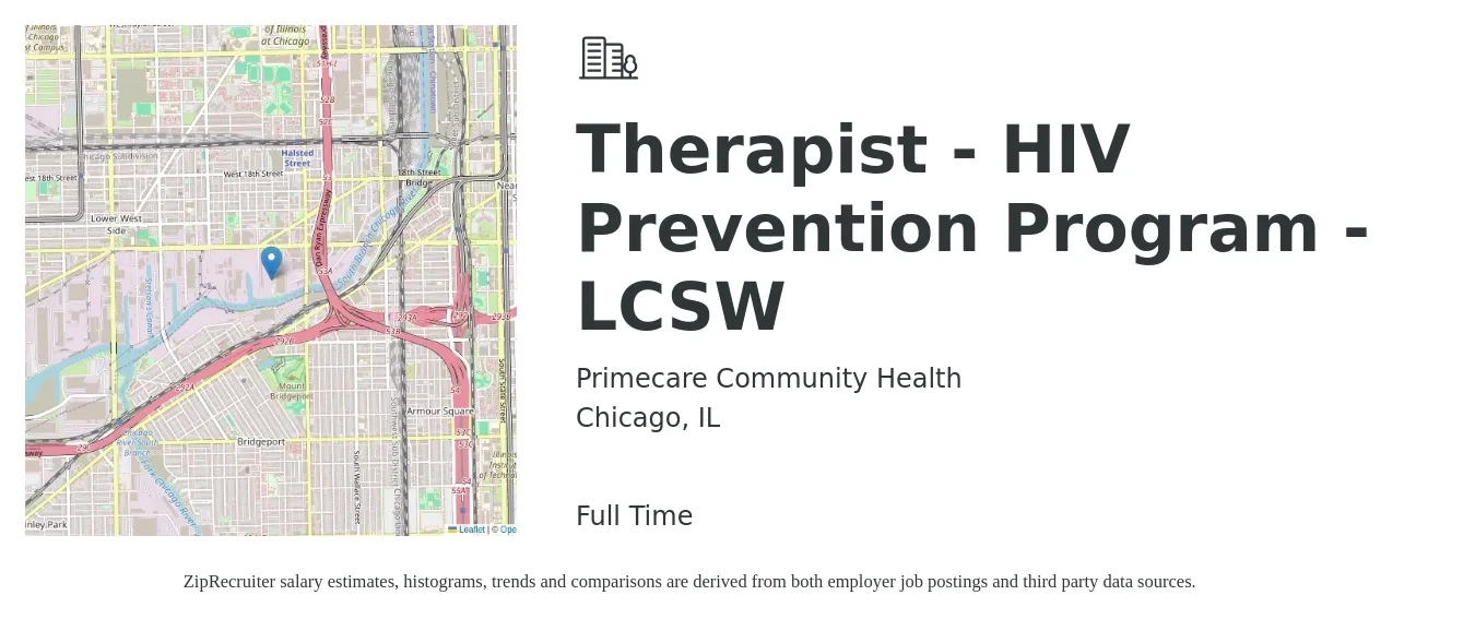 Primecare Community Health job posting for a Therapist - HIV Prevention Program - LCSW in Chicago, IL with a salary of $48,900 to $65,500 Yearly with a map of Chicago location.