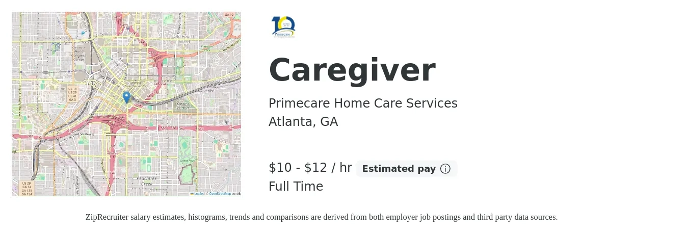 Primecare Home Care Services job posting for a Caregiver in Atlanta, GA with a salary of $11 Hourly with a map of Atlanta location.