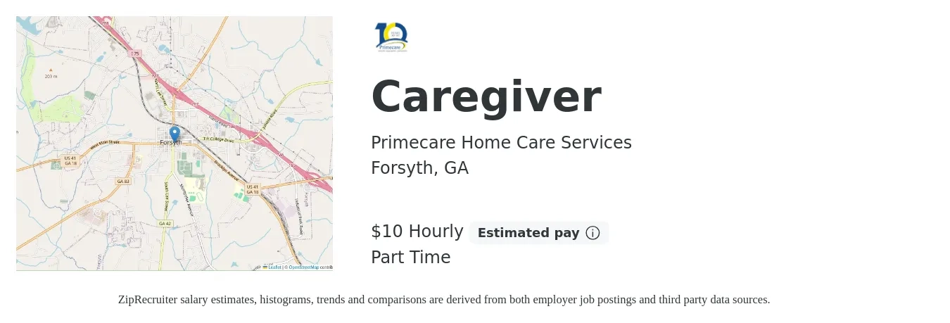 Primecare Home Care Services job posting for a Caregiver in Forsyth, GA with a salary of $11 Hourly with a map of Forsyth location.