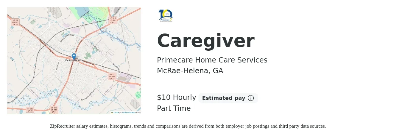 Primecare Home Care Services job posting for a Caregiver in McRae-Helena, GA with a salary of $11 Hourly with a map of McRae-Helena location.